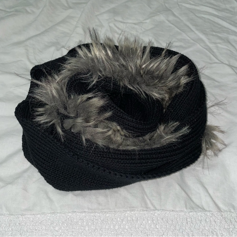 CAbi Black Knit Infinity Scarf with Gray Faux Fur Trim